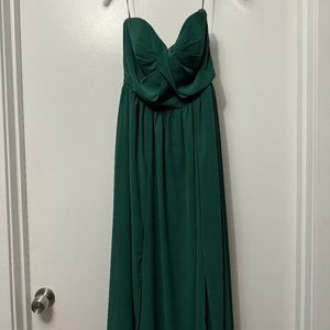 Dessy Hunter Green Draped Strapless Bridesmaid Gown with Slits